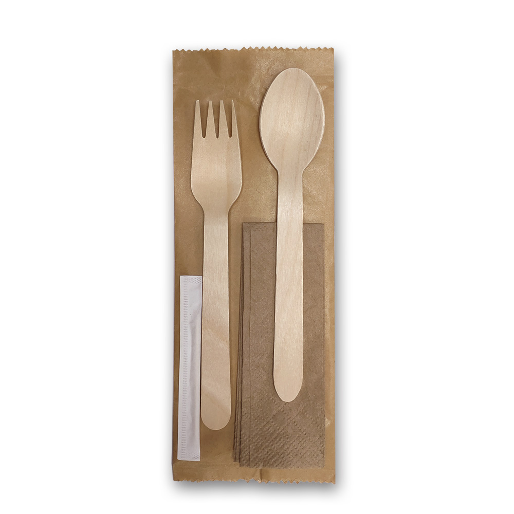 FM0102Individually Kraft Wrapped Cutlery Set (Wooden Fork, Spoon